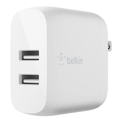 Belkin 24W Dual Port USB Wall Charger - iPhone Fast Charging - USB Charging Block for Power Bank, iPhone 14, iPhone13, iPhone 12, iPhone 11, iPad Pro, Samsung & More, iPhone Cable Not Included, BELKIN DUAL WALL CHRG