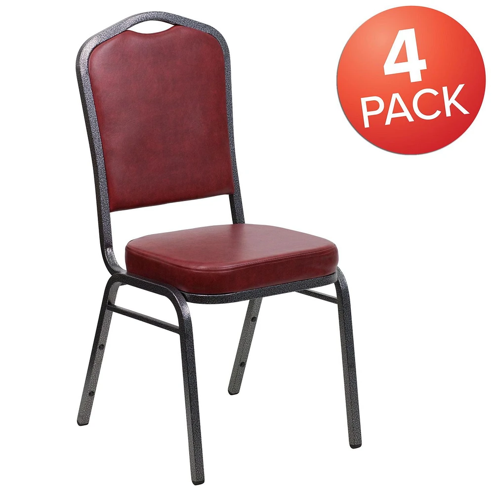 Lot de 4 pièces - Chaise de banquet empilable de la série HERCULES avec dossier couronne en vinyle bourgogne - Cadre veine d'argent