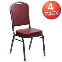 Lot de 4 pièces - Chaise de banquet empilable de la série HERCULES avec dossier couronne en vinyle bourgogne - Cadre veine d'argent