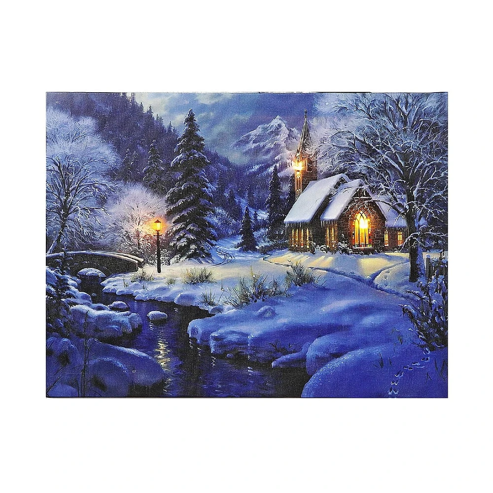 Christmas Led Canvas Wall Art Church Beside River 12X16