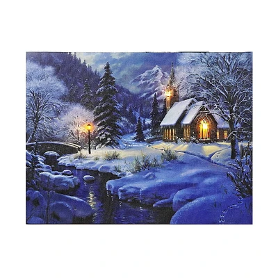 Christmas Led Canvas Wall Art Church Beside River 12X16