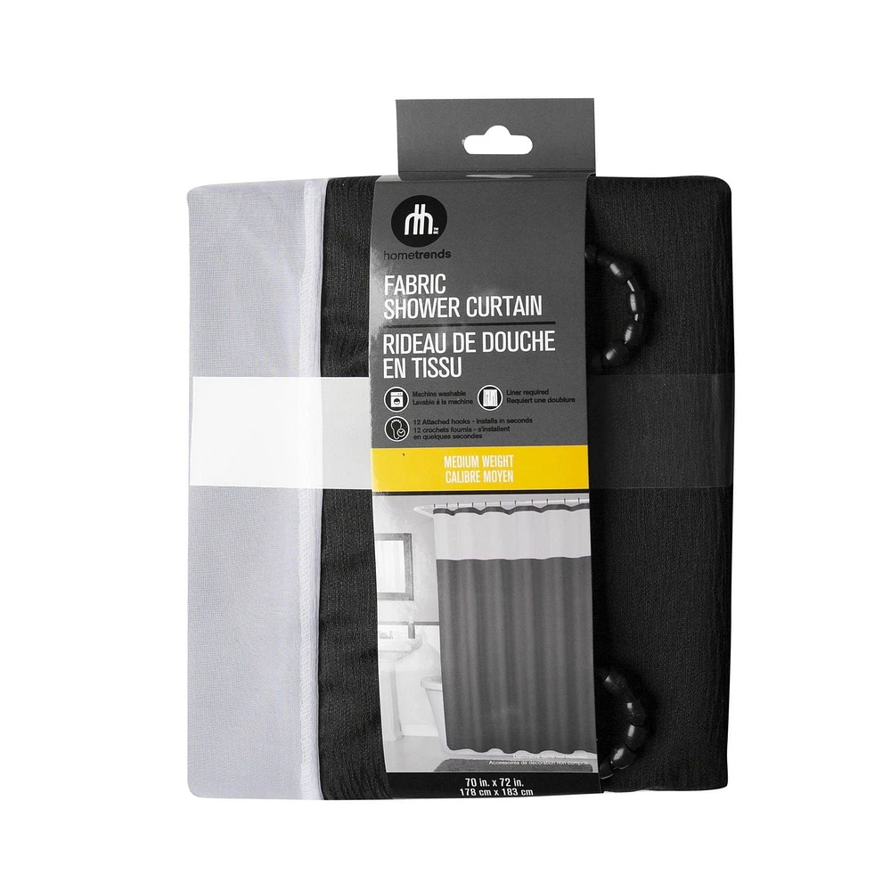 hometrends Home Trends Smart Curtains Hendrix Fabric Shower Curtain with Attached Roller Glide Hooks, 70 Inches X 72 Inches, Black, Horizontal stripe pattern