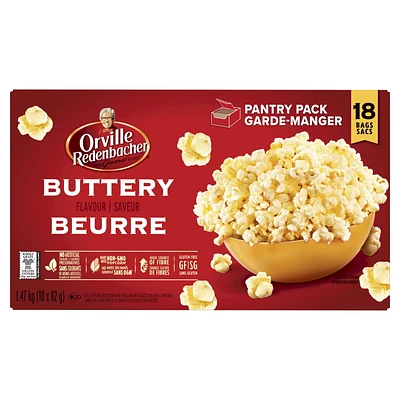 Orville Redenbacher Buttery Microwave Popcorn - 18 bags, Non-GMO, whole grain microwave popcorn with a high source of fibre and gluten free