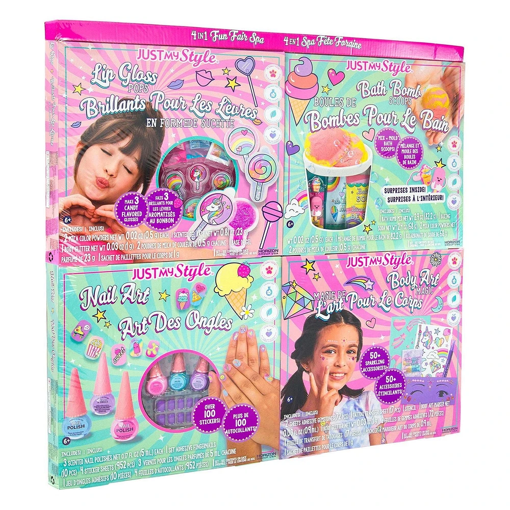 Spa vive la fête foraine 4-en-1 de Just My Style!, lot tout en un de 4 kits d’activité mode, inclut DIY brillant pour les lèvres, art des ongles, art du corps et bombes pour le bain