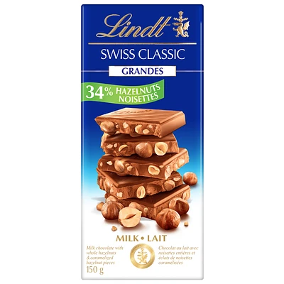 Lindt SWISS CLASSIC GRANDES Hazelnut Milk Chocolate Bar, 150g, 150 g