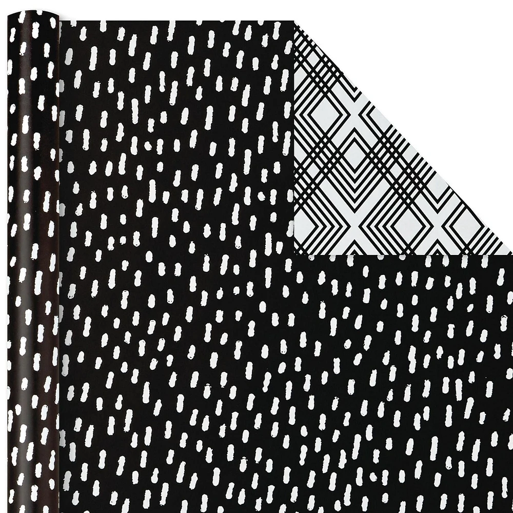 Hallmark All Occasion Reversible Wrapping Paper Bundle - Black and White Flowers and Dots (3-Pack: 75 sq. ft. ttl.)