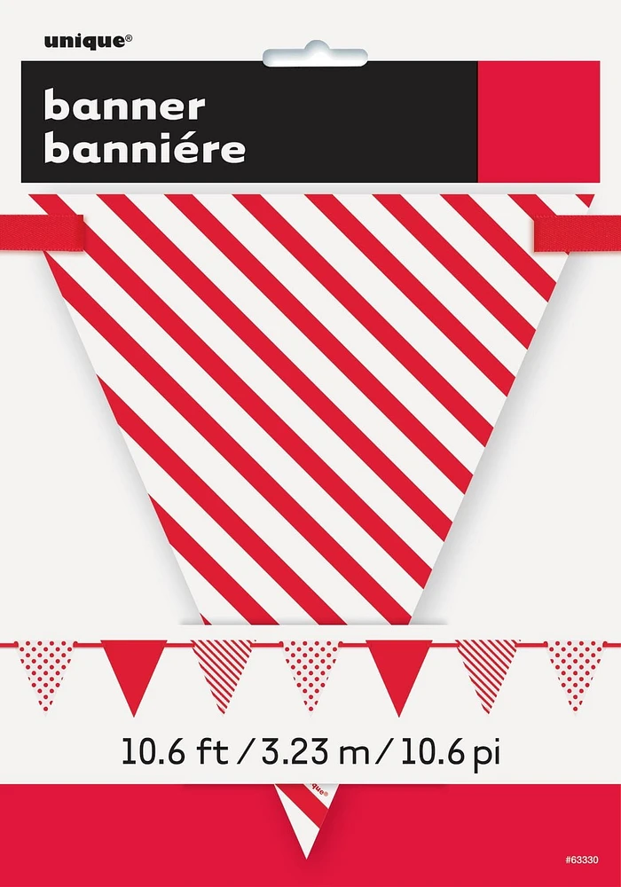 Bannière de drapeaux rouges à pois et à rayures, 12 pieds