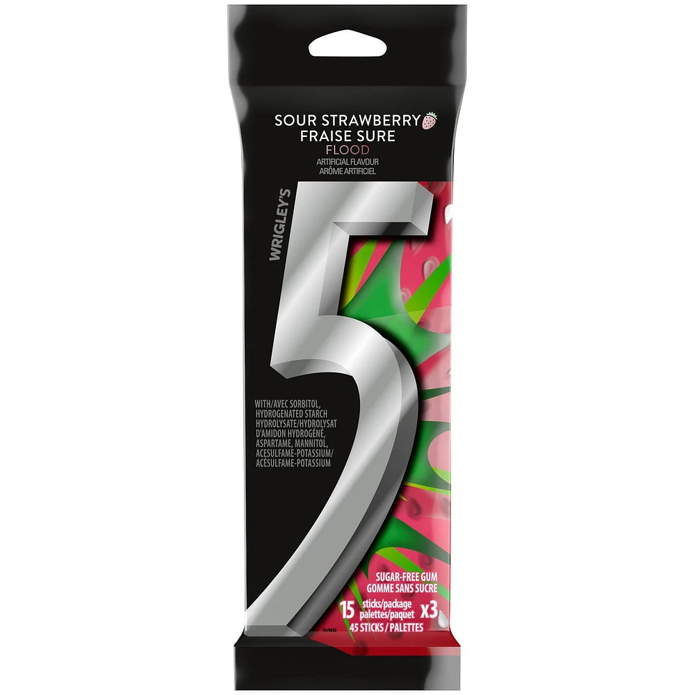 5 GUM, Strawberry-Flood Flavoured Sugar Free Chewing Gum, 15 Sticks, 3 Packs, 3 Packs, 15 Sticks