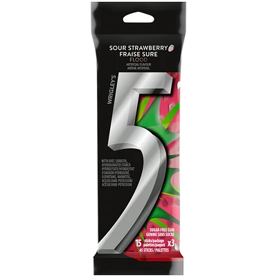 5 GUM, Strawberry-Flood Flavoured Sugar Free Chewing Gum, 15 Sticks, 3 Packs, 3 Packs, 15 Sticks