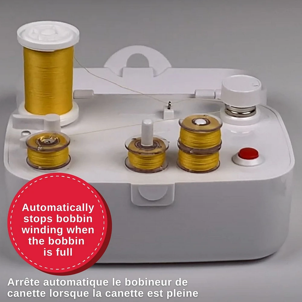 SINGER® Universal Bobbin Winder - For Class 15 and 15J Bobbins - Simple & Portable - Battery Powered With Included Power Adapter, White, SINGER® Universal Bobbin Winder