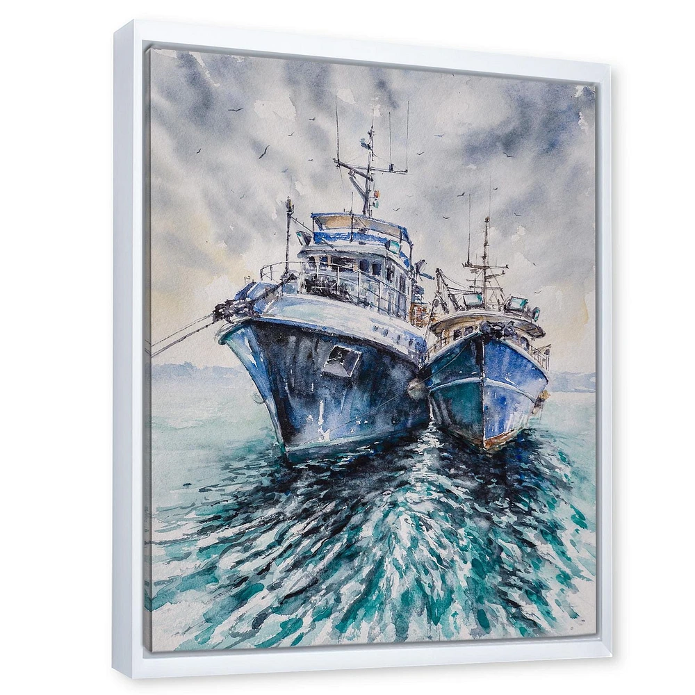 Designart Deux bateaux de pêche avant une tempête ancrés ART MURAL À CADRE FLOTT