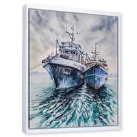 Designart Deux bateaux de pêche avant une tempête ancrés ART MURAL À CADRE FLOTT