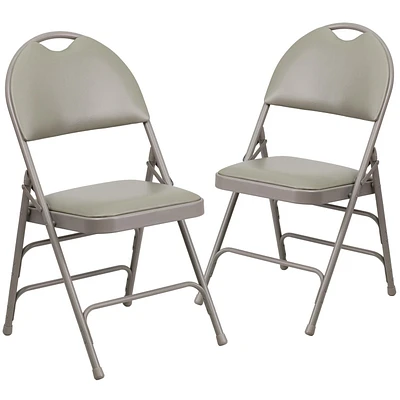 2 Pk. HERCULES Series Ultra-Premium Triple Braced Gray Vinyl Metal Folding Chair with Easy-Carry Handle
