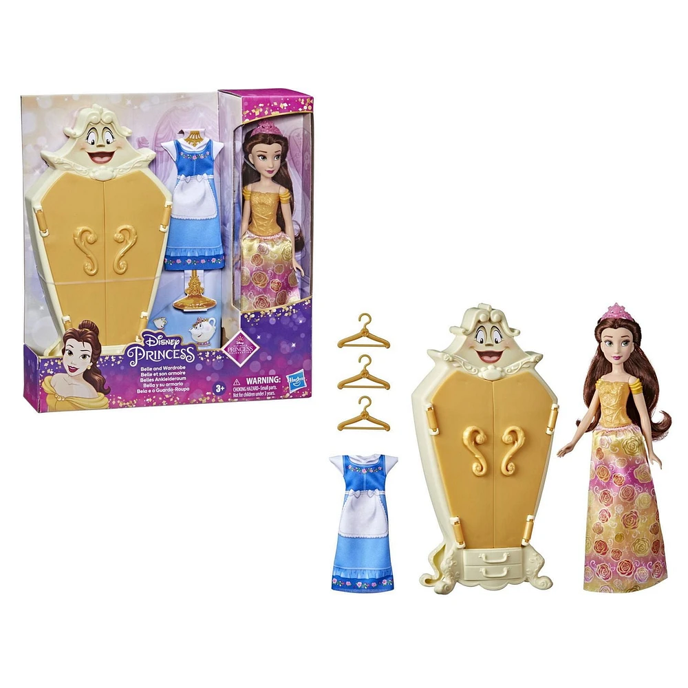 Disney Princesses Belle et son armoire, poupée mannequin avec accessoires, jouets La Belle et la Bête pour enfants, à partir de 3 ans