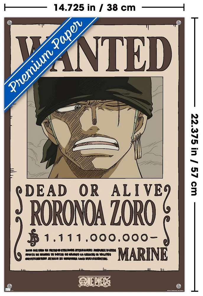 One Piece - Roronoa Zoro Wanted Poster Wall Poster with Push Pins, 14.725" x 22.375"