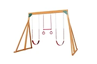 Balançoire en bois Trailside avec deux balançoires et trapèze - Disponible en 7 options de couleur !