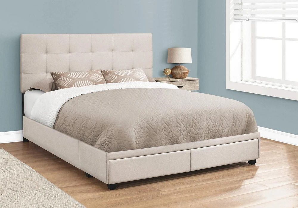 Monarch Specialties Lit, Grand, Plate-forme, Chambre À Coucher, Cadre, Rembourré, D'aspect Lin, Pattes En Bois, Beige, Noir, Transitionnel