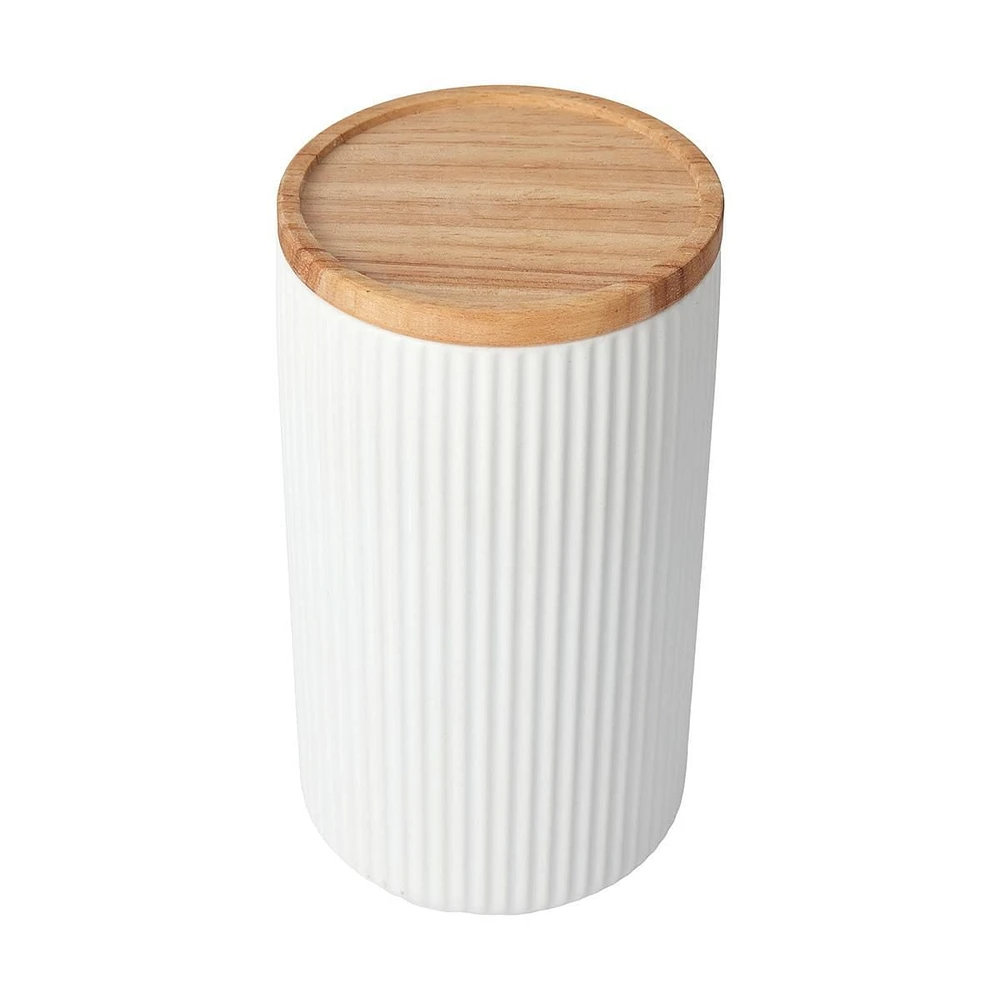 Large White Ribbed Canister
