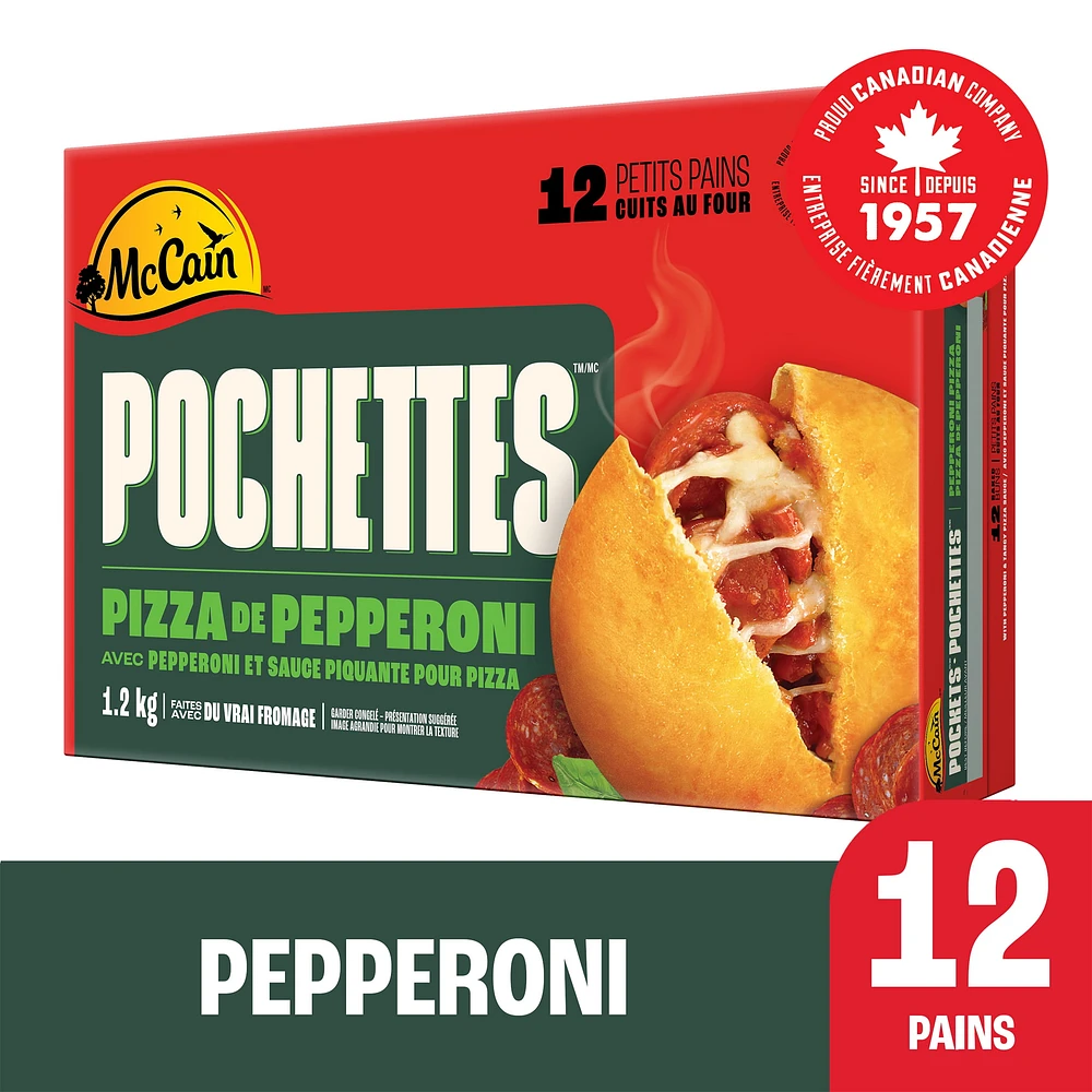 Pizza Pochettesᴹᴰ au pepperoni McCainᴹᴰ, Fabriqué au Canada à partir d'ingrédients canadiens et importés 12 x 100g