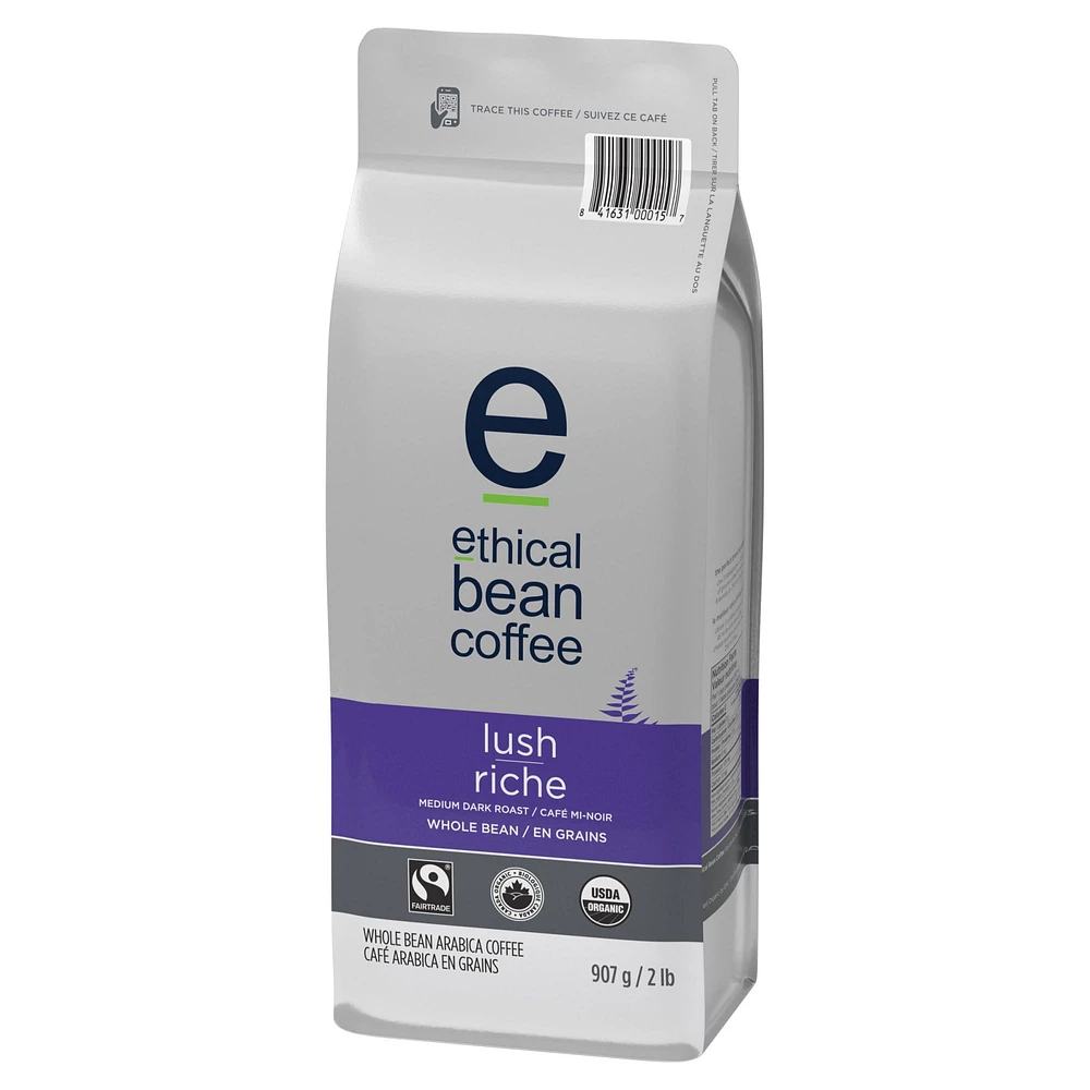 Ethical Bean Fairtrade Organic Coffee, Lush Medium Dark Roast, Whole Bean Coffee, 907g