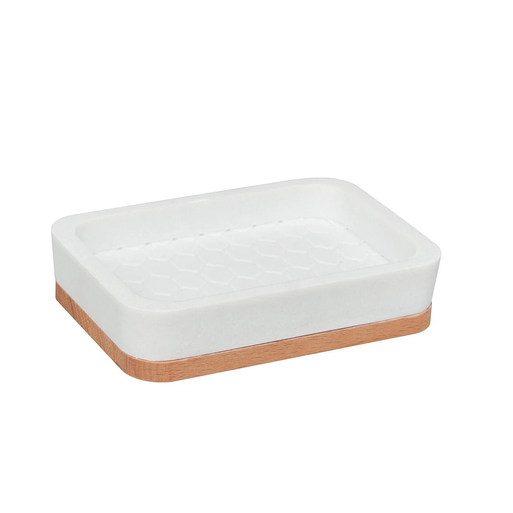 hometrends Porte-savon en nid d’abeille, porte-savon en grès blanc avec garniture en bois pour ranger le savon dans la salle de bain ou la cuisine Porte-savon en grès et en bois