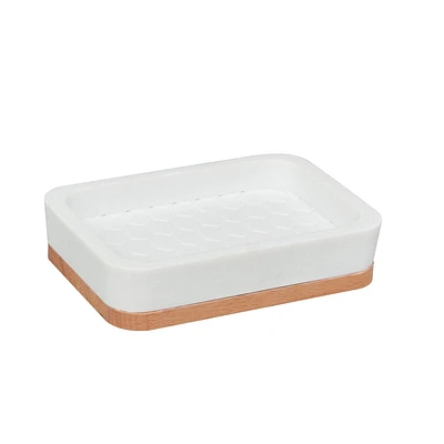 hometrends Porte-savon en nid d’abeille, porte-savon en grès blanc avec garniture en bois pour ranger le savon dans la salle de bain ou la cuisine Porte-savon en grès et en bois