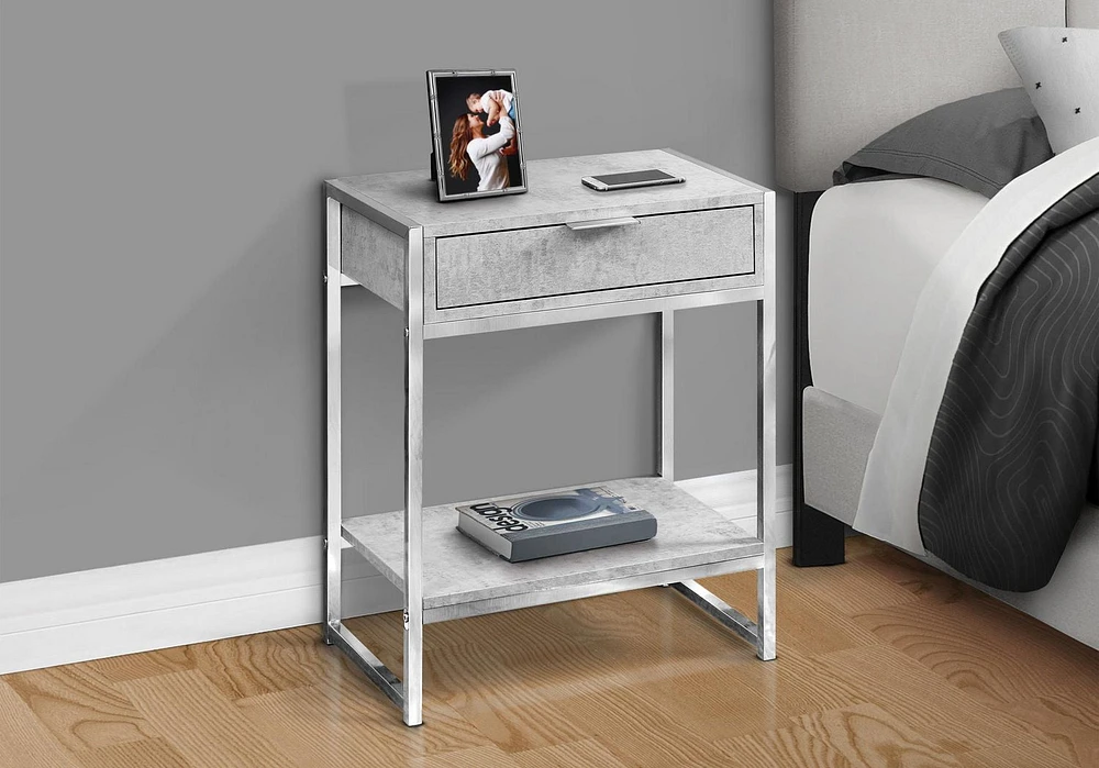 Monarch Specialties  Table D'appoint, Coté, Bout, Table De Nuit, Lampe, Tiroir De Rangement, Salon, Chambre À Coucher, Stratifié Gris, Métal Chromé, Contemporain, Moderne