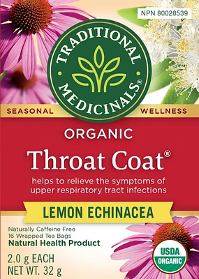 Traditional Medicinals Throat Coat Lemon Echinacea, 16 Wrapped Tea Bags