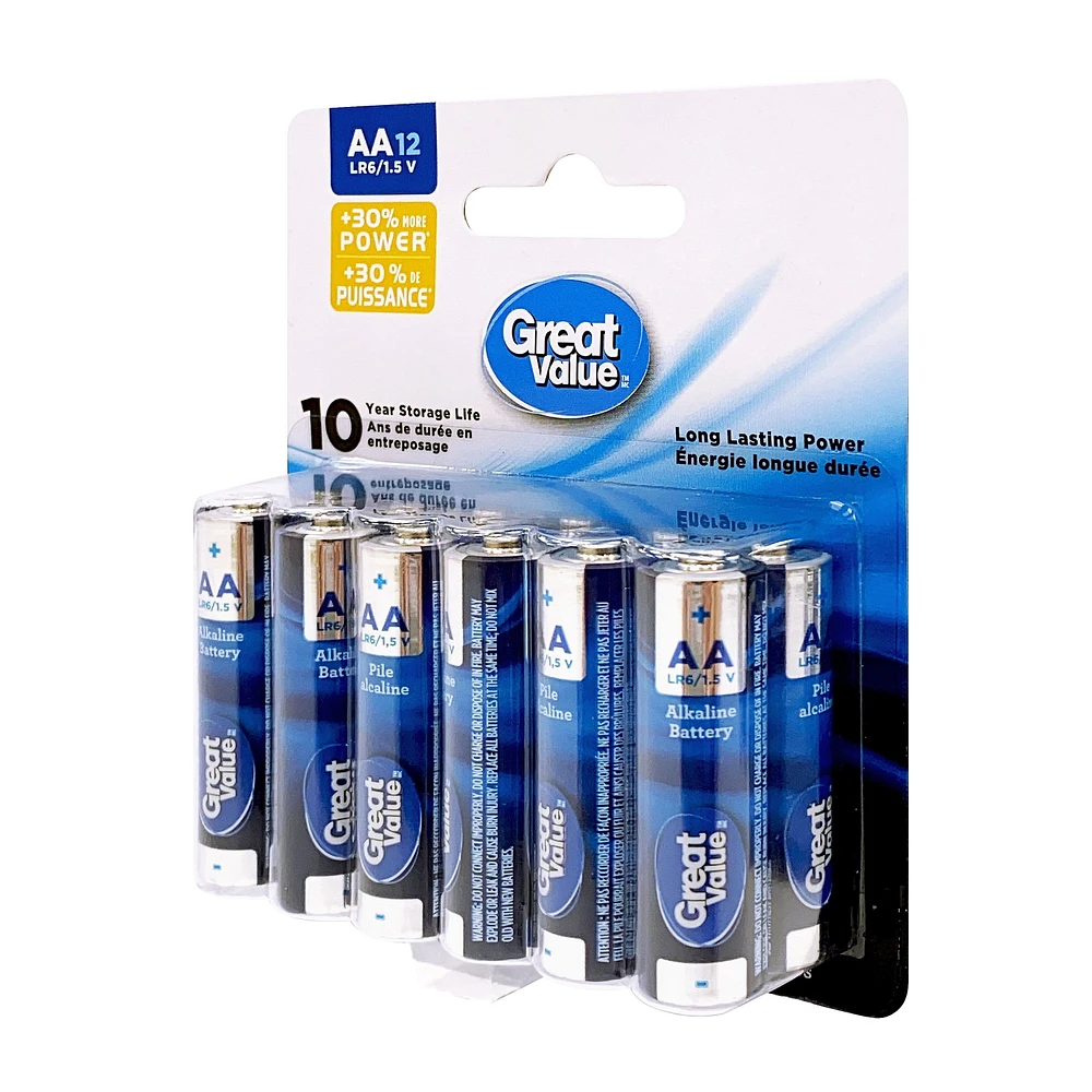 Great Value AA LR6/1.5 V Alkaline Batteries 12-Pack, 10-year storage life, Long lasting power guarantee