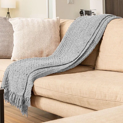 Chenille Basket weave Knit Throw with Fringe, Lightweight Breathable Chenille Blanket for Couch, Chair, Bed, Outdoor Use