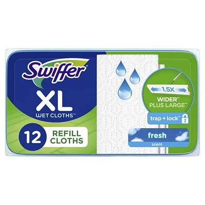 Swiffer Balayer + laver grand format, recharge de coussins humidifiés, nettoyant pour planchers, linges nettoyants, parfum frais 12 unités