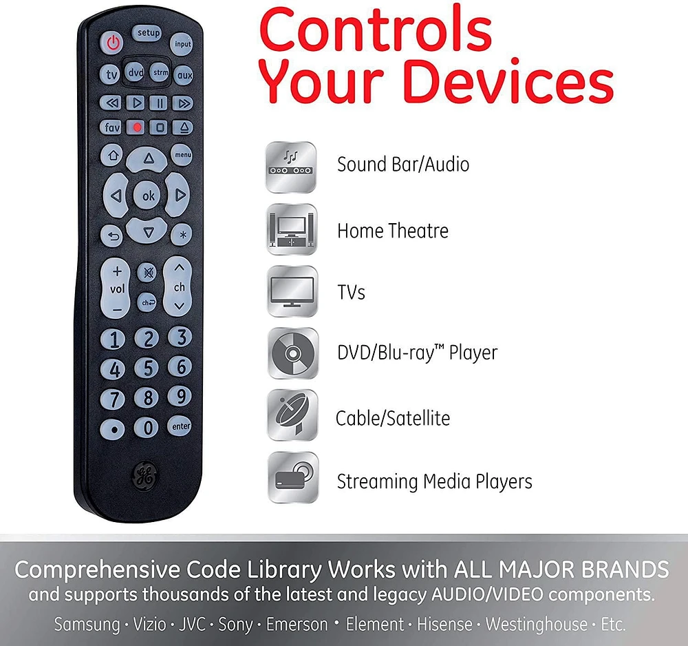 GE 4-Device Fully Backlit Universal Remote Control, Black, 46260, 4-Device Universal Remote