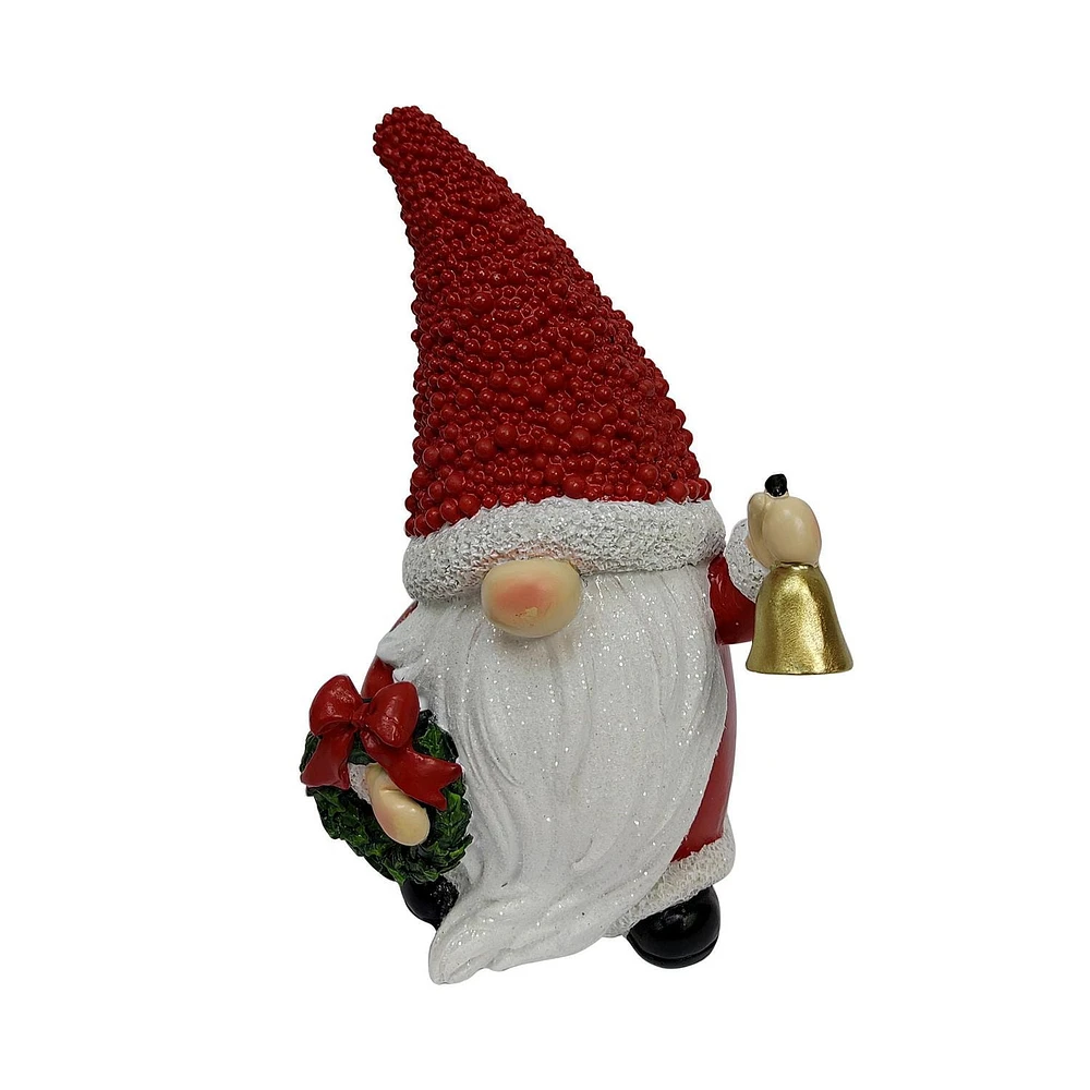HOLIDAY TIME 8INCH HIGH POLYRESIN RED GNOME WITH BELL AND WREATH