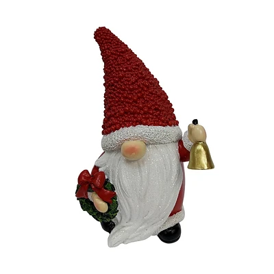 HOLIDAY TIME 8INCH HIGH POLYRESIN RED GNOME WITH BELL AND WREATH
