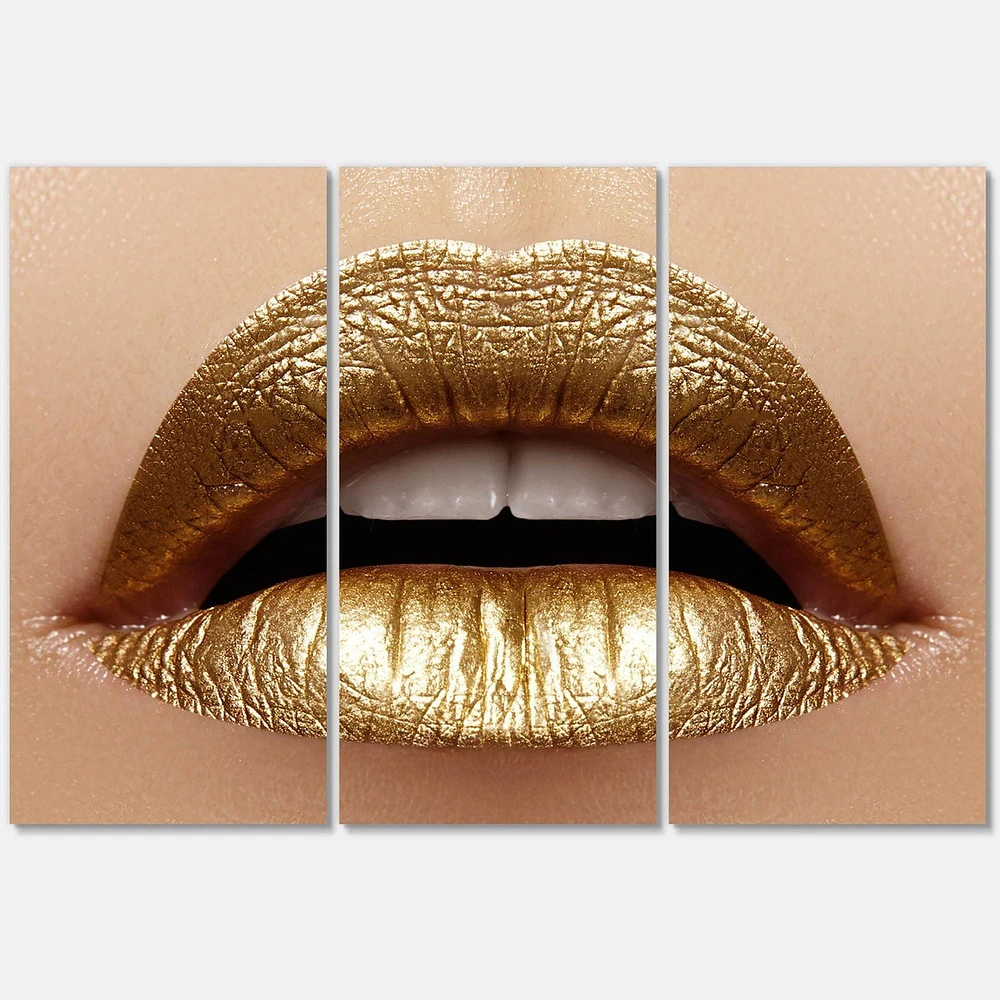 Designart Close Up of Female Plump Lips With Golden Lipstick Canvas Wall Art