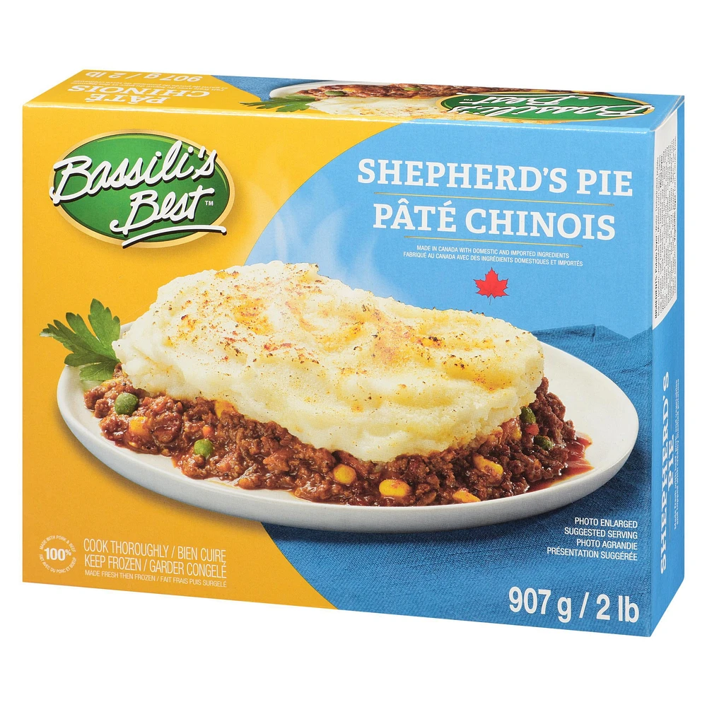 BASSILIS BEST SHEPHERDS PIE, Made fresh with beef, pork, vegetables and topped with creamy mashed potatoes