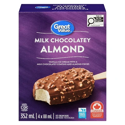 Barres de crème glacée Great Value à saveur du lait chocolaté aux amandes 4 x 88 ml