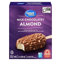Barres de crème glacée Great Value à saveur du lait chocolaté aux amandes 4 x 88 ml