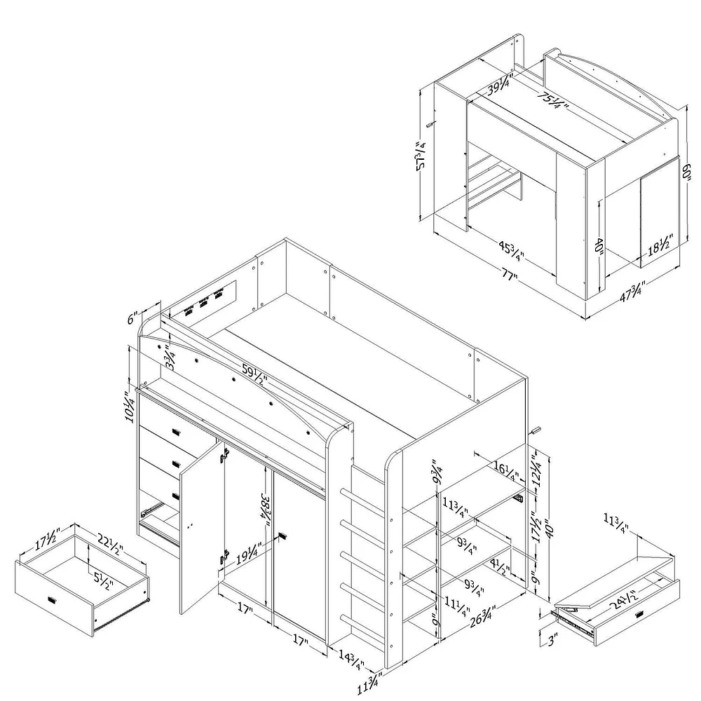 South Shore, Tiara collection, Loft Bed with Desk Pure White