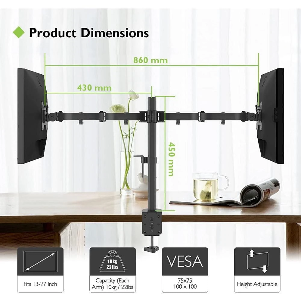 Techly Support de bureau à double moniteur à mouvement complet de 13" à 27" Inclinaison +/-90° Capacité de charge jusqu'à 10 kg x 2 VESA jusqu'à 100x100 mm, Noir