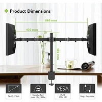 Techly Support de bureau à double moniteur à mouvement complet de 13" à 27" Inclinaison +/-90° Capacité de charge jusqu'à 10 kg x 2 VESA jusqu'à 100x100 mm, Noir