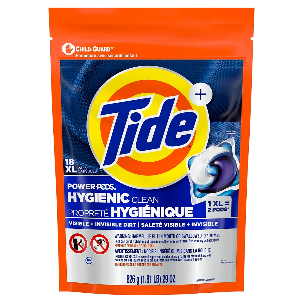 Tide Hygienic Clean Power PODS Laundry Detergent Pacs, Original Scent, Removes Visible and Invisible Dirt, 18CT
