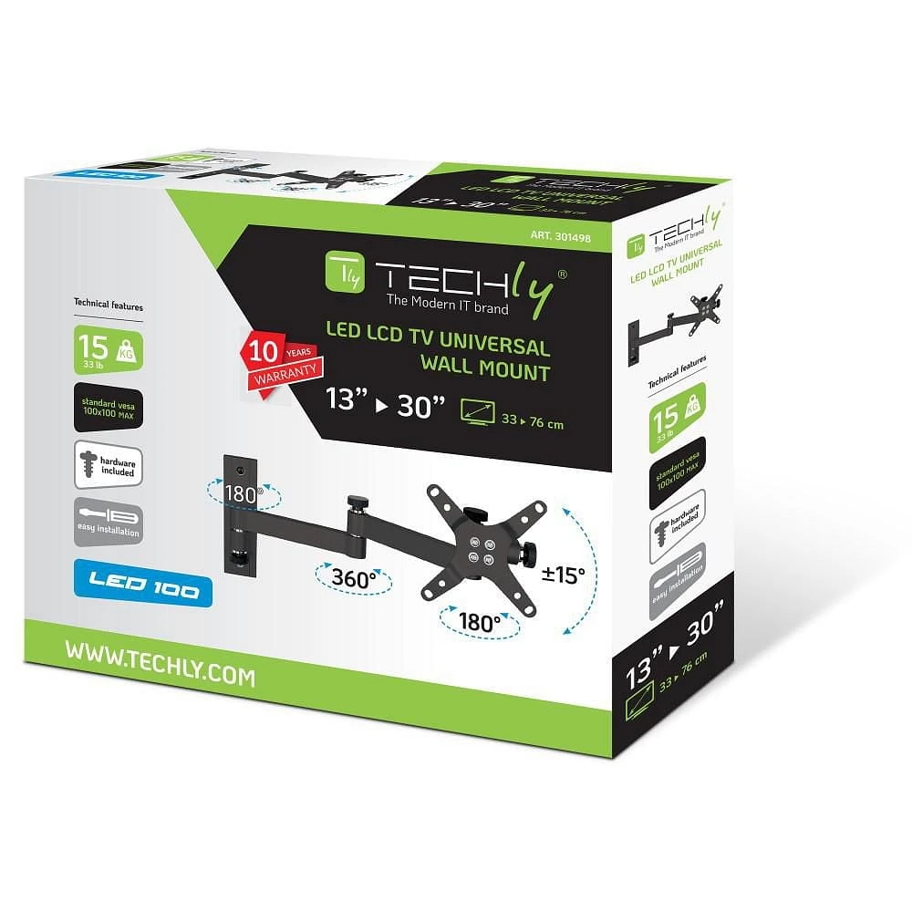 Techly Support mural inclinable/pivotant pour téléviseur LCD/LED de 13" à 30" 3 articulations Inclinaison +/-12° 180° horizontalement VESA jusqu'à 100x100 mm, Noir
