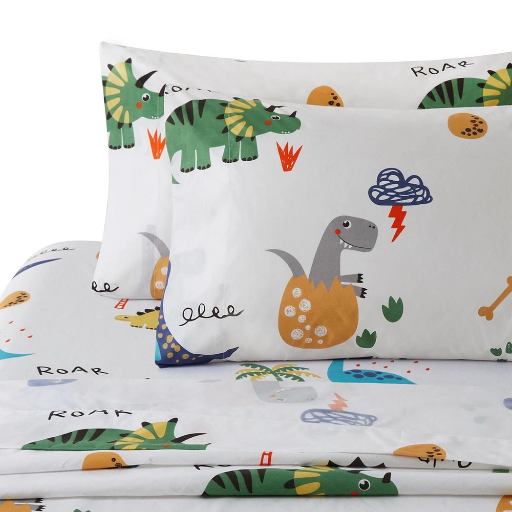 Literie Marina Décoration pour enfants, garçons et tout-petits, en percale de coton doux 600 fils, avec attache d'angle et fermeture à glissière, motif dinosaures et zoo