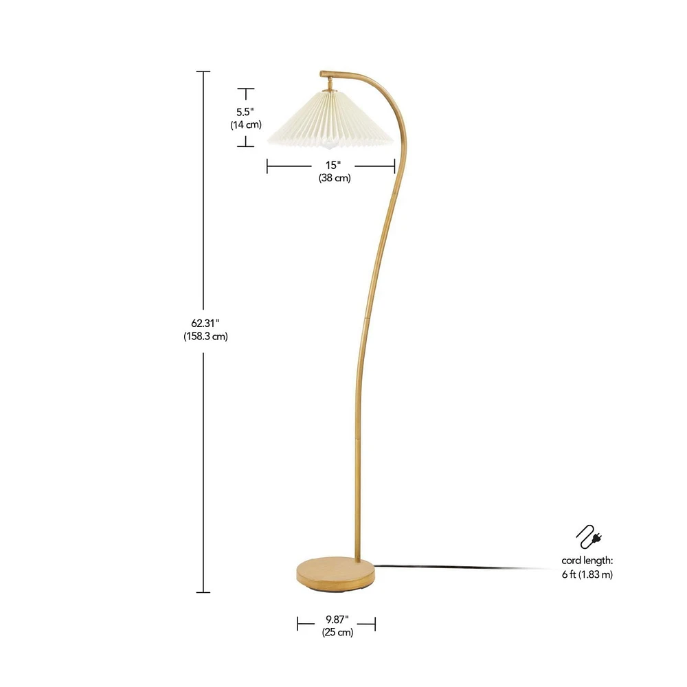 Lampe sur pied de 1,57 m (62 po) de Novogratz x Globe couleur bois avec abat-jour en tissu plissé blanc cassé<br>