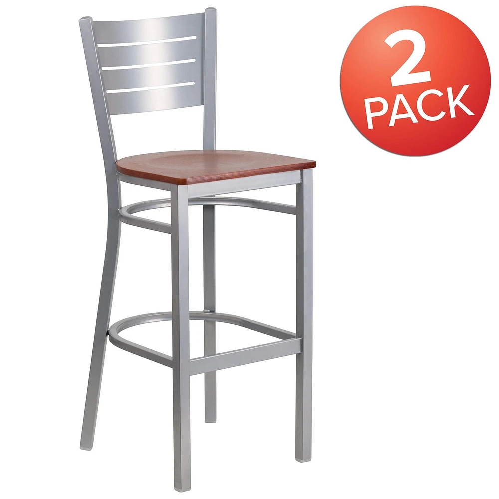 Lot de 2 pièces - Tabouret de bar de la série HERCULES en métal argenté avec dossier à lattes - siège en bois de cerisier