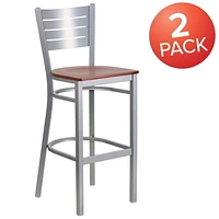 Lot de 2 pièces - Tabouret de bar de la série HERCULES en métal argenté avec dossier à lattes - siège en bois de cerisier