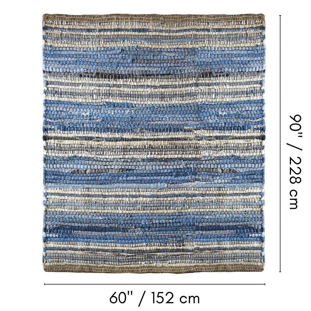 Fabstyles Indigo Recycled Denim & Leather Rug for Living Room, Hallway, Patio
