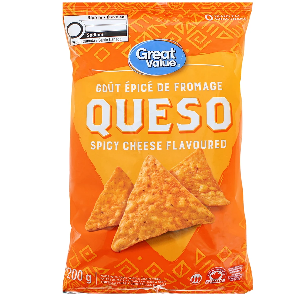 Great Value Queso Spicy Cheese Flavoured Tortilla Chips, 200 g