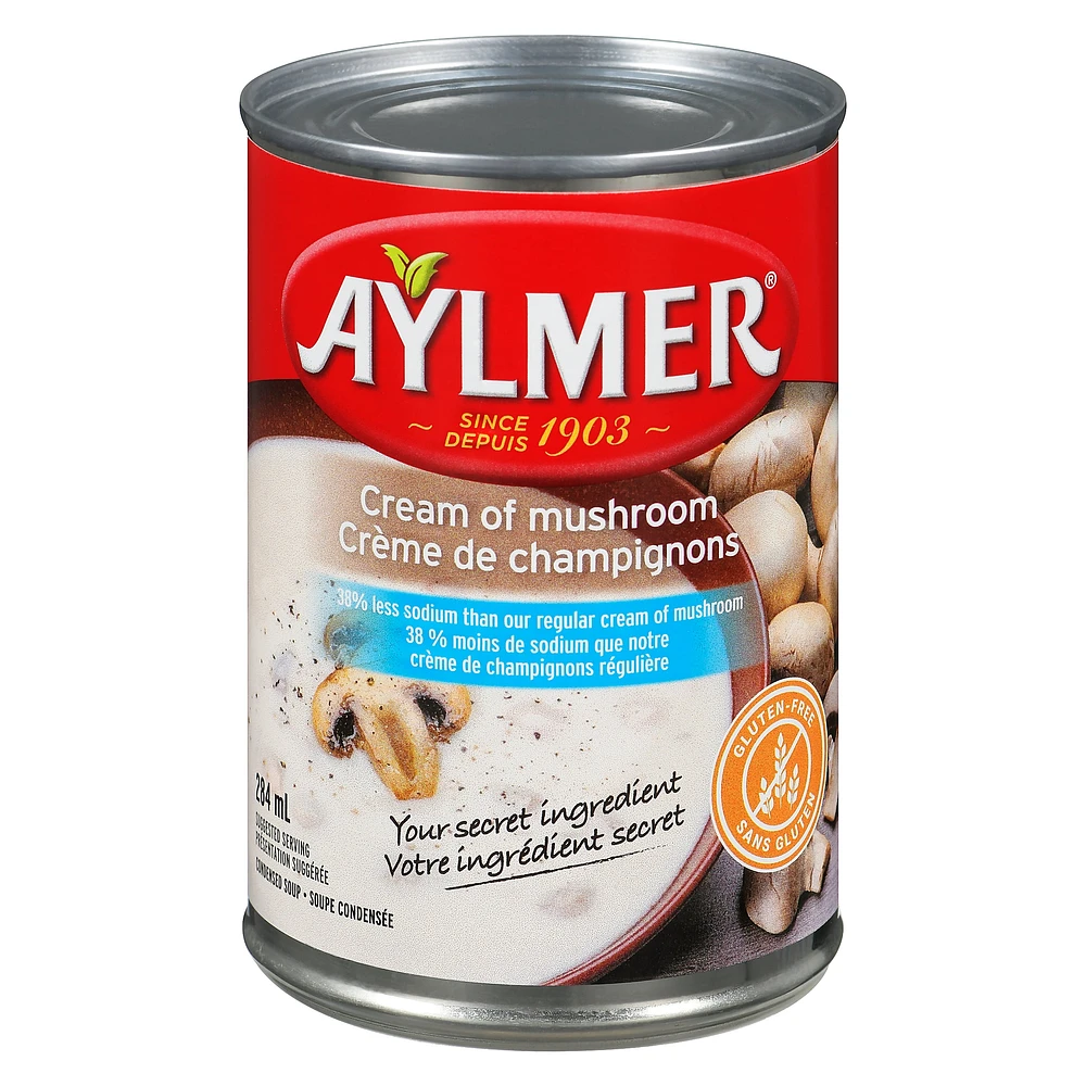 Aylmer Less sodium Condensed soup Cream of mushroom, 284 mL Can, Condensed cream of mushroom low sodium